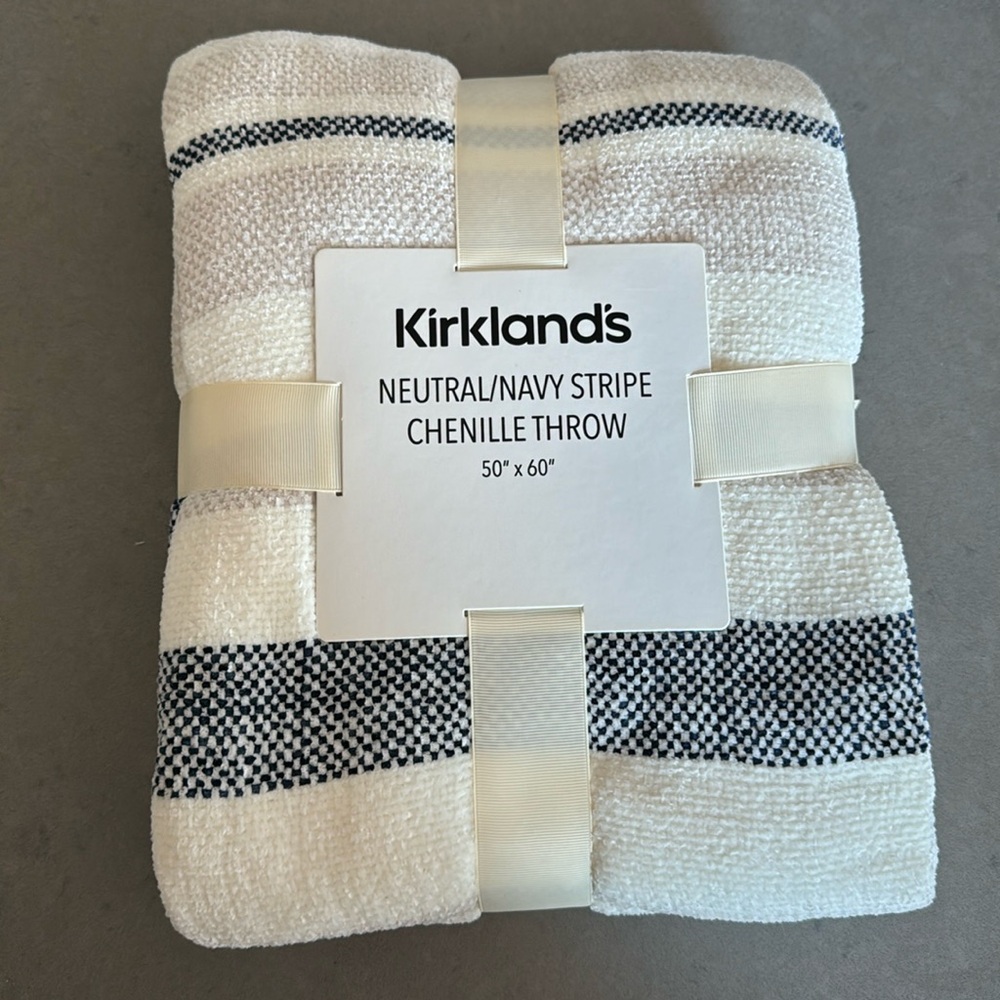 Chenille Throw - neutral and navy stripe 50x60